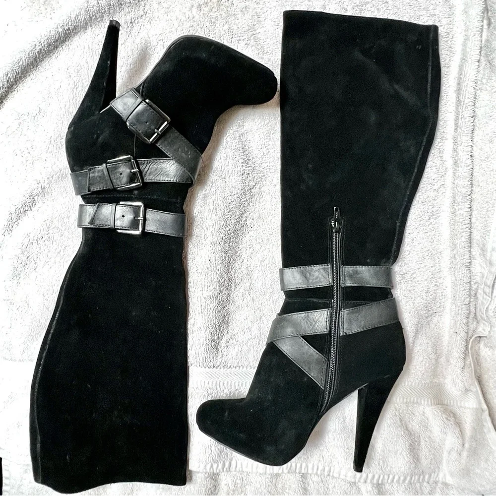 ALDO black suede knee strappy buckle heel boots women size 36